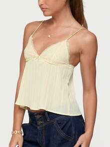 Women's Y2K Babydoll Camisole Lace Trim Mesh Sheer Crop Tops Sleeveless Spaghetti Strap V Neck Open Back Peplum Tops Summer Cute Aesthetic Flowy Shirts Teen Girls Going Out Streetwear Fashionable Daily Wear Coquette Clothes - 黃色 - 查看 3