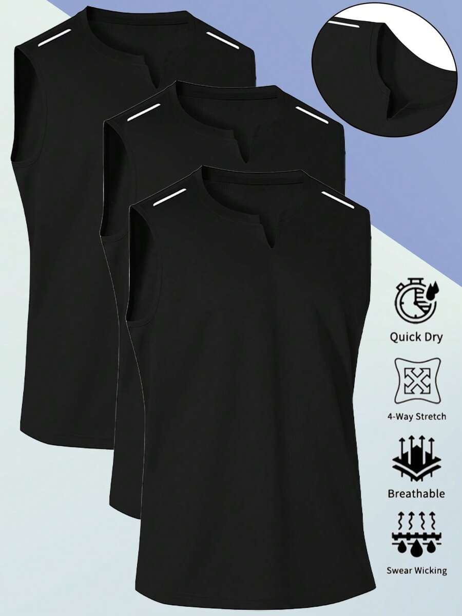 Men's Sleeveless Quick-Dry T-Shirt, Basketball Training Fitness Vest, Summer V-Neck Sweat-Wicking Shirt, Men's Fitness Wear, Suitable For Running, Fitness, Exercise, Casual Daily Wear - Black - View 1