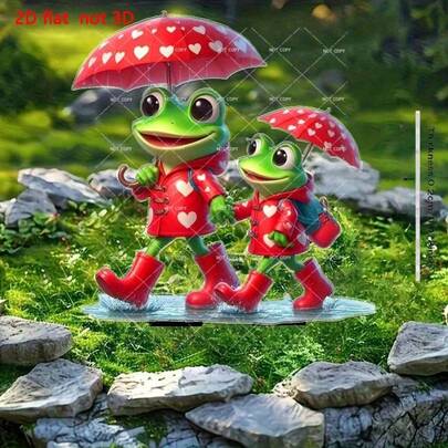 1件2D平面印刷亚克力青蛙牵手伞摆件，适用于庭院、草坪、花园/户外装饰/花园装饰，配有地插，是室内盆栽、盆景装饰、户外节日装饰的理想之选，也是馈赠亲友的绝佳礼物。