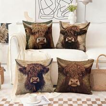 1pc Highland Cow Artistic Throw Pillow Cover - Modern Farmhouse Floral And Brown Design, Made Of Soft Polyester Fabric With Zipper Closure, Machine Washable Decorative Cushion Cover For Sofa, Living Room, Bedroom, Cow Themed Decor - Multicolor - View 2