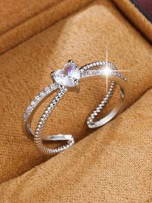 1pc Gentle Heart Sparkle Adjustable Ring, Double-Layer Criss-Cross Design, Luxury Daily Wear Accessory - Ring - View 2