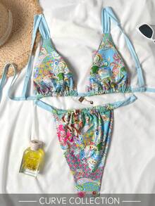 2件套新款软杯可调节肩带印花系带大码优雅派对比基尼泳装，夏季沙滩时尚泳装，女士度假必备 - 彩色 - 查看 9