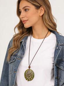 时尚百搭螺旋太阳形合金吊坠长项链，波西米亚风串珠圆盘颈链，男友/情侣礼物，日常佩戴 - 串珠 - 查看 5