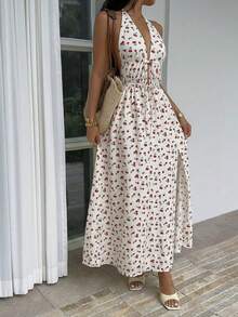 Đầm hai dây in hoa anh đào trắng dành cho nữ, hở lưng, có dây rút ở eo, xẻ tà, thích hợp cho kỳ nghỉ. - Nhiều màu - Xem 7