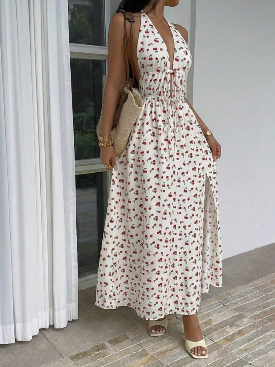 Women's White Cherry Blossom Print Spaghetti Strap Dress, Backless With Drawstring Waist, Slit Back, Vacation Dress - Multicolor - View 1