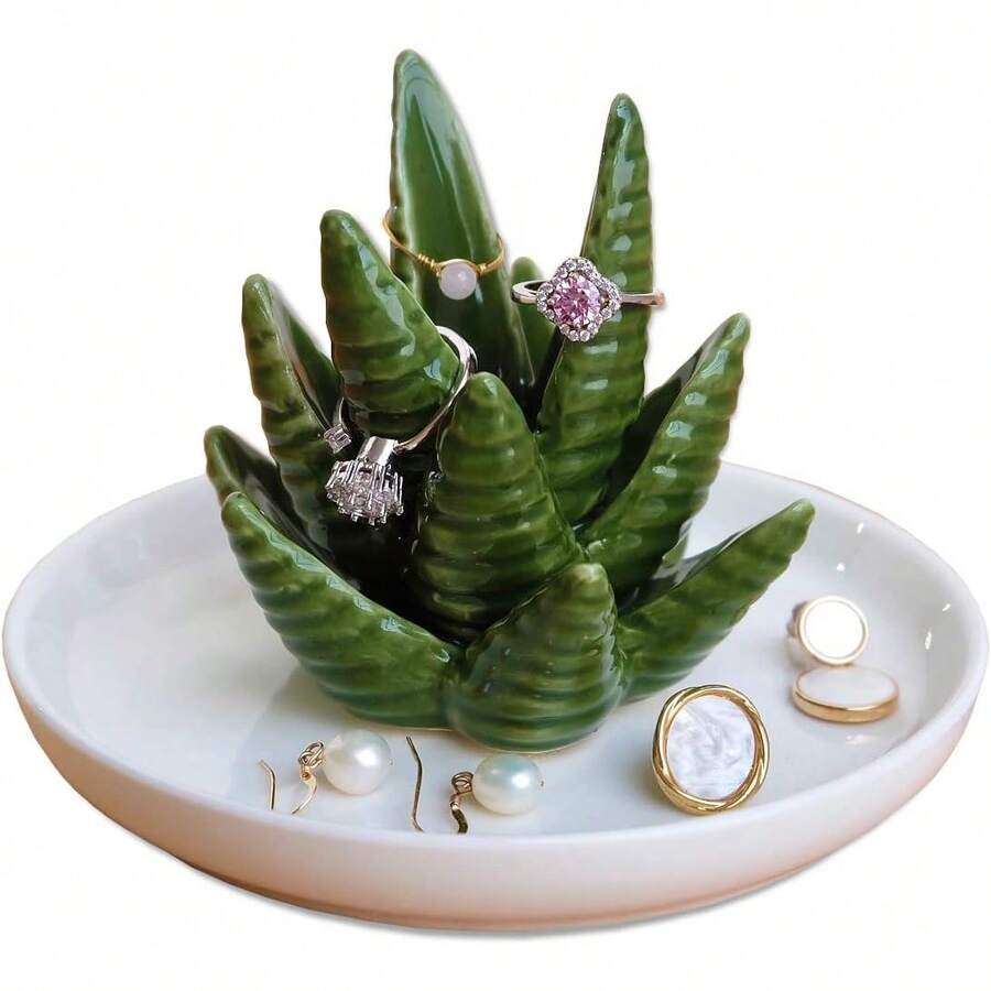 Aloe Ring Holder,Cactus Ring Dish,Jewelry Holder Trinket Tray For Rings Organizer - 白色 - 查看 1