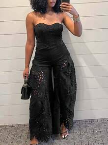 Sexy Lace Splicing Sheer Lingerie Set, Includes Top And Long Pants For Women Black - Black - View 3