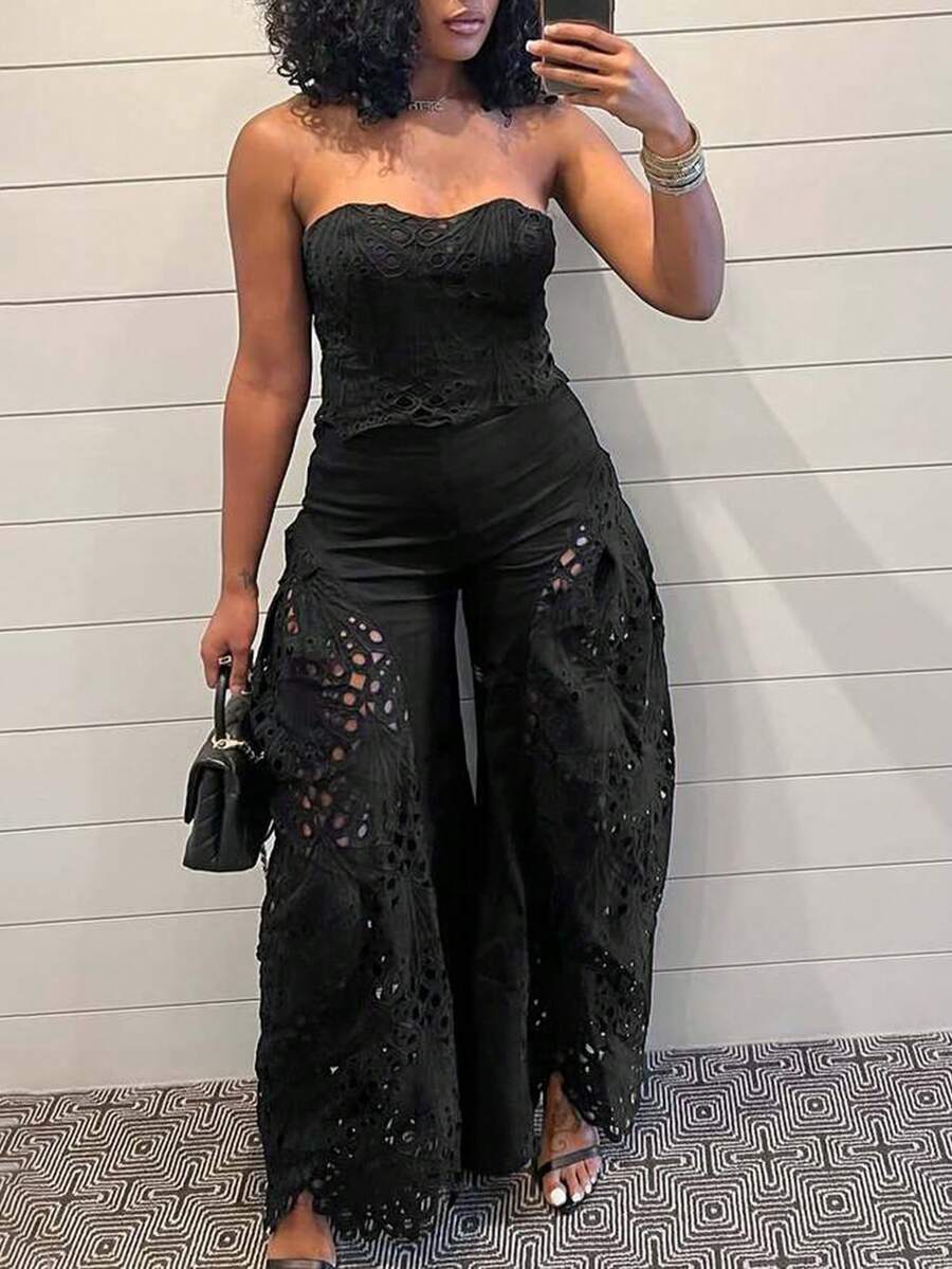 Sexy Lace Splicing Sheer Lingerie Set, Includes Top And Long Pants For Women Black - Black - View 1