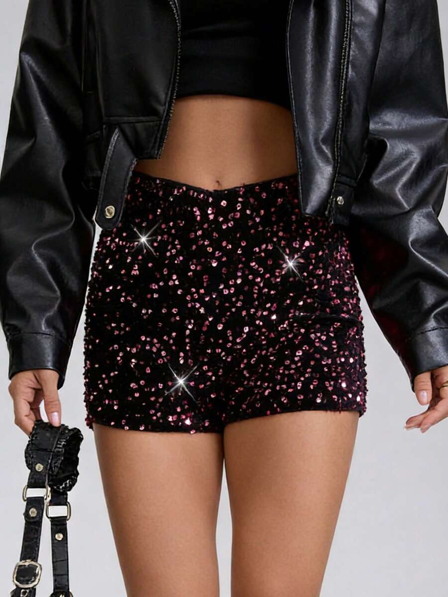 女士复古超短亮片热裤，时尚Y2K闪亮短裤 - 淡紫色 - 查看 1