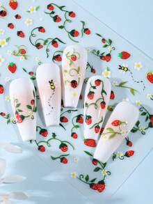 2 piezas Pegatinas 3D de verano con estampado de fresas dulces y margaritas, pegatinas de arte de uñas con diseños de fresas, mariquitas, hojas y enredaderas, suministros de manualidades adhesivos DIY - Multicolor - Ver 4