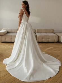 Elegant Sexy Square Neck Sleeveless Pleat A Line Satin Wedding Dress,Registry Office Dresses Bridal Gown,Evening Party Dress Birthday Party Dress Country Wedding,Romantic Church Ceremony Wedding Dress,Suitable For Wedding,Dating,Party,Singles' Party,Vacation,Formal Occasions,Dinner Dress,Prom Dress,Homecoming Dess,Cocktail Party,Wedding Guest Dress,Graduation - 白色 - 查看 2