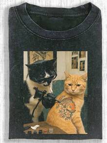 230g Washed Cat Print T-Shirt That Loves Smoking, High-Quality Wax Printed Cotton Retro Fashion Brand T-Shirt, Men's T-Shirt, Beach Must-Have, Men's Summer T-Shirt, Holiday Gift, Perfect Gift,,Graphic Tees,Vintage T Shirts,100 Percent Cotton,Camisetas Para Hombre,,Men Vacation Outfits,Summer Vacation Outfits - 黑色 - 查看 1