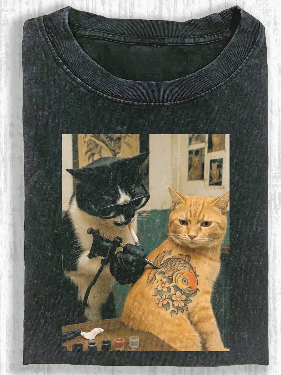 230g Washed Cat Print T-Shirt That Loves Smoking, High-Quality Wax Printed Cotton Retro Fashion Brand T-Shirt, Men's T-Shirt, Beach Must-Have, Men's Summer T-Shirt, Holiday Gift, Perfect Gift,,Graphic Tees,Vintage T Shirts,100 Percent Cotton,Camisetas Para Hombre,,Men Vacation Outfits,Summer Vacation Outfits - 黑色 - 查看 1
