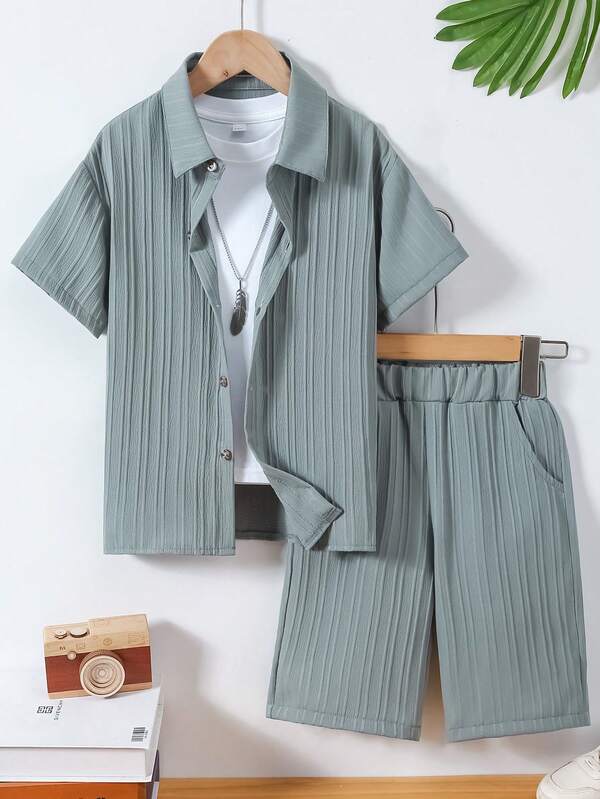 Boys' Casual Wavy Texture Short Sleeve Shirt & Shorts Set, Lightweight Breathable Solid Color, Suitable For Spring/Summer