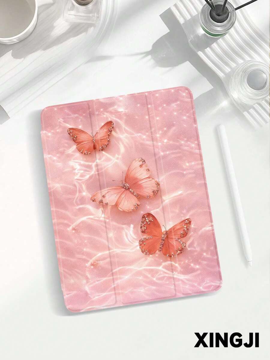 1pc Shimmering Pink Butterfly Pattern Tablet Protective Case, Compatible With 10.2" 10th/ (A16) 11" 11th 2025, Pro 11" 2021/2020, Galaxy Tab A8 10.5" 2022, Matepad 10.4/Tab, With Pencil Slot, Anti-Drop, Tablet Stand, Auto Sleep/Wake - Multicolor - View 1