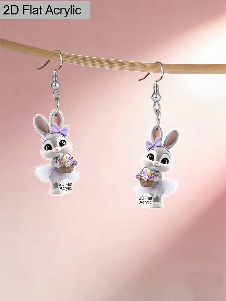 2D平面，1对可爱复活节兔子亚克力吊坠耳环，紫色蝴蝶结兔子搭配花篮图案印花耳坠，趣味节日配饰，复活节耳环，春季节日礼物，适合复活节和动物爱好者 - 彩色 - 查看 1