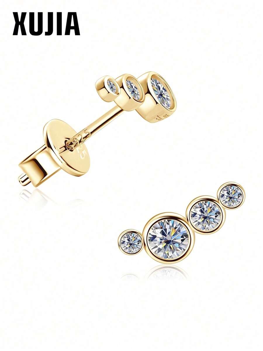 一对925纯银女士简约优雅莫桑石（3毫米、2.1毫米、1.3毫米）耳钉，对称时尚设计，适合作为朋友的生日礼物