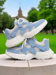 1 Pair Unisex Kids' Fashionable Mesh Breathable Sports Shoes, Lightweight Hook And Loop Casual Sneakers - Blue and White - View 6