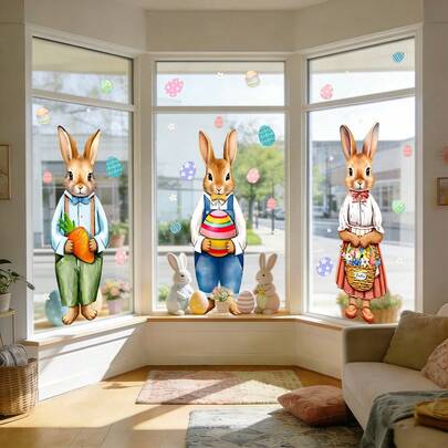 1/3片童话田园风兔子窗贴，可重复使用PVC静电吸附，适用于商店橱窗、餐厅、卧室、书房、阳台装饰，也可作为复活节礼物。