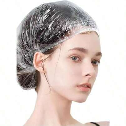 100pcs Disposable Transparent Plastic Shower Caps, Elastic Waterproof Thickened Shower Caps, Suitable For Hotels, Hair Salons, Travel, Spas And Home Use. Beauty Salon Accessories, Cleaning Supplies, Size 20.5 Inches.