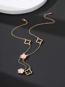 1 pieza Collar con colgante de trébol hueco con brillantes de lujo, clásico y elegante, de color rosa, dulce y con suerte, para mujeres - Rosa - Ver 3