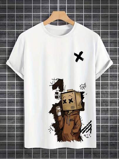 XX品牌卡通眼睛印花短袖涂鸦风格图案T恤，男士圆领休闲装