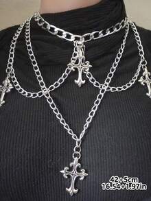 1件哥特朋克风十字架项链，带流苏链，金属银色吊坠项链，百搭配饰，男女皆宜，适合日常佩戴、派对、音乐节、演唱会等场合。 - 銀色 - 查看 5