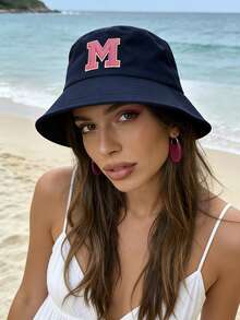 1pc Foldable Soft Brim Women's Sun Hat With 26 English Letter Pattern, UV Protection Outdoor Camping Hiking Beach Bucket Hat, Spring/Summer - Navy Blue - View 2