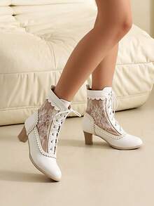 Retro Style Victorian Ankle Boots Lace Hollow Mesh Heel Shoes Fashionable Lace-Up Spliced Brogue Ladies High Heels Woman - White - View 4
