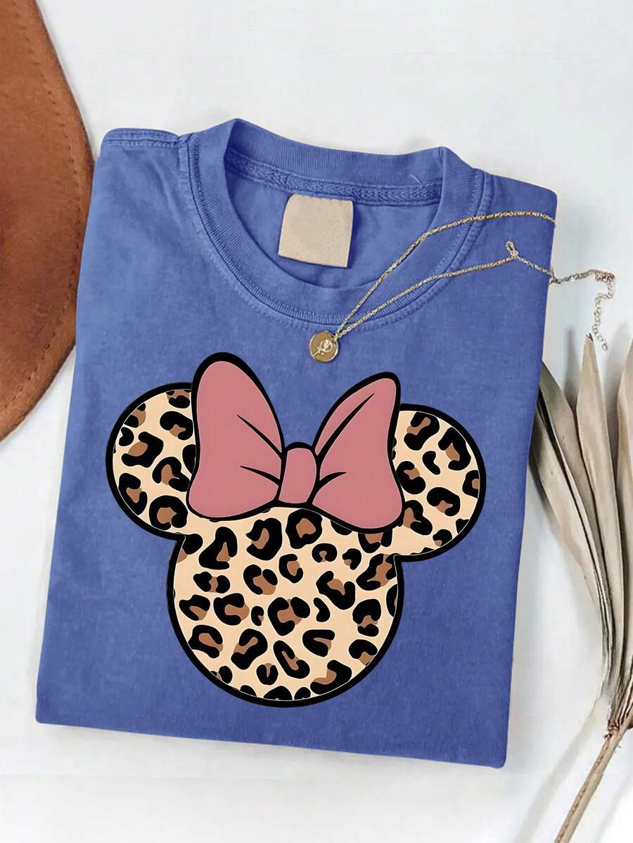 Authorized By Disney | Mickey Mouse Leopard T-Shirt For Men And Women-Casual Short Sleeves-Opaque Fabric With Pink Bow Design-Machine Washable-Suitable For Summer Wear. - Màu xanh lam - Xem 1