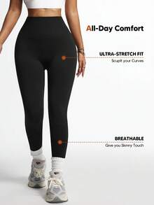 女士无缝瑜伽健身蜜桃臀紧身裤 - 黑色 - 查看 3