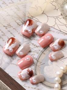 10pcs Press On Nails Pink Nails White Brown Halation Cat's Eye Nail Supplies Nails Press On Short Nail Fake Nails Artificial Nails Kit Includes 1sheet Adhesive Tabs &1 Pc Mini File Handmade Press On Nails - Multicolor - View 2