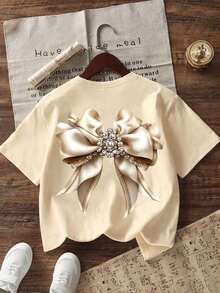 Tween Girls' Casual Funny Print Crew Neck Short Sleeve T-Shirt, Summer Top - Apricot - View 2