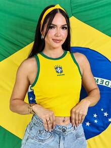 Women's Cropped Top, Brazilian National Team, Ribbed Tank Top, Basic, Casual, Comfortable,  Fashion, World Cup 2026 - 黃色 - 查看 4