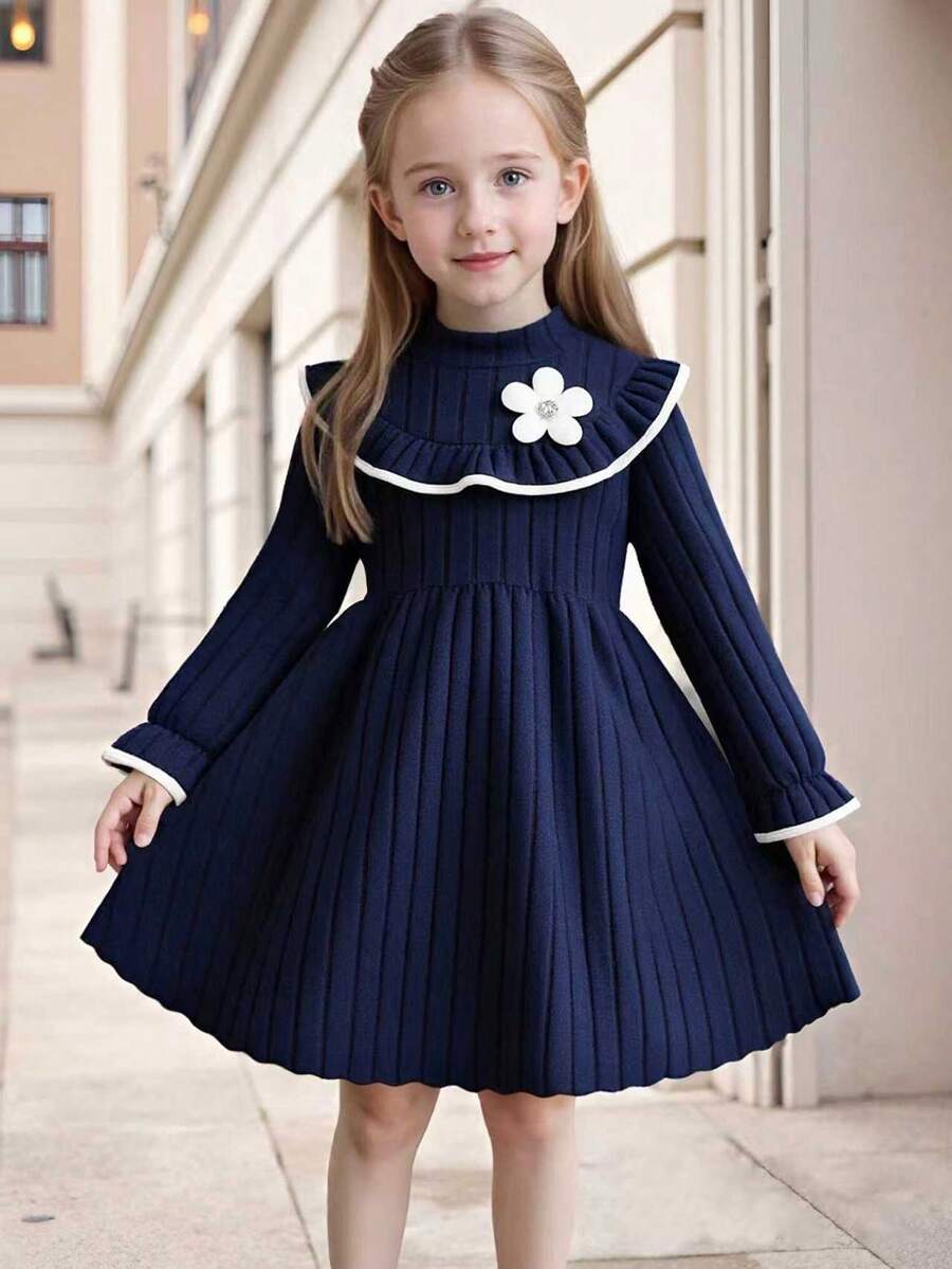 Váy len cho bé gái 4-7 tuổi, cổ đứng đặc biệt có viền xếp nếp, tay dài trang trí hoa, váy thời trang phù hợp cho các hoạt động ngoài trời mùa xuân/thu và mặc hàng ngày - Màu xanh hải quân - Xem 1