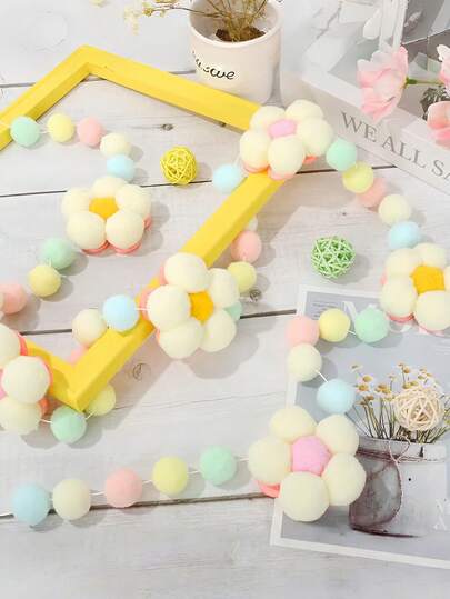 Spring Felt Ball Flags Cute Floral Felt Hanging Decor, Colorful Pom Pom Flags, Floral Decoration Hanging Flags For Spring Easter Holiday Home Fireplace Wall Party Boho Style Felt 3D Flower Pom Pom Flags