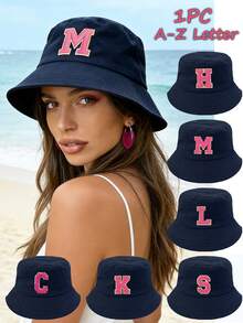 1pc Foldable Soft Brim Women's Sun Hat With 26 English Letter Pattern, UV Protection Outdoor Camping Hiking Beach Bucket Hat, Spring/Summer - Navy Blue - View 1