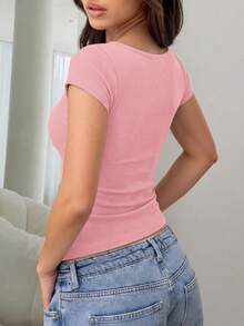 Women Summer Square Neck Short Sleeve Fitted Ribbed Knit T-Shirt Spring Basic Going Out Workout Y2k Shirt Tops Outfits - Pink - View 2