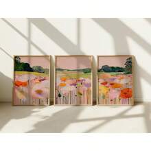 3幅彩色抽象花卉风景墙画，鲜艳的罂粟花田印花帆布画，田园野花海报，现代波西米亚风格装饰，适用于客厅、卧室、餐厅家居装饰，送给花卉艺术爱好者的礼物，不含框 - 圖案 - 查看 1