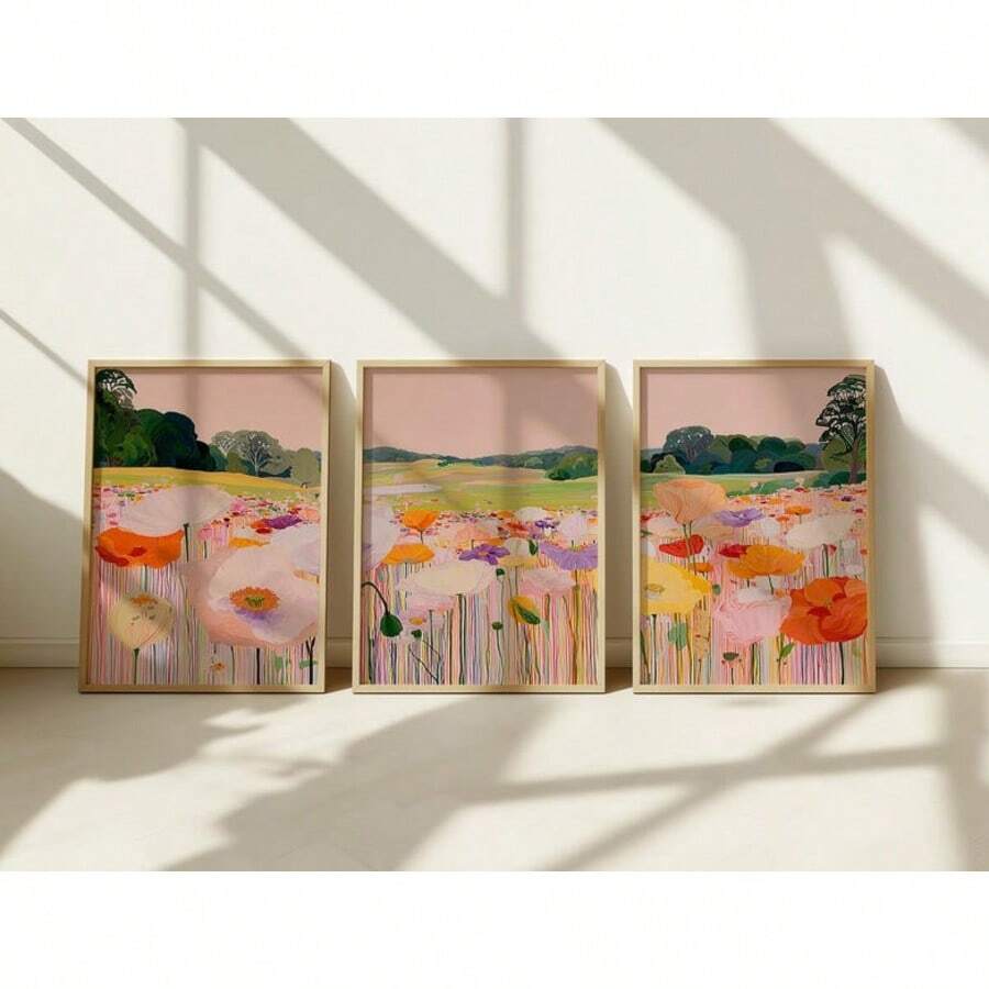 3幅彩色抽象花卉风景墙画，鲜艳的罂粟花田印花帆布画，田园野花海报，现代波西米亚风格装饰，适用于客厅、卧室、餐厅家居装饰，送给花卉艺术爱好者的礼物，不含框 - 圖案 - 查看 1