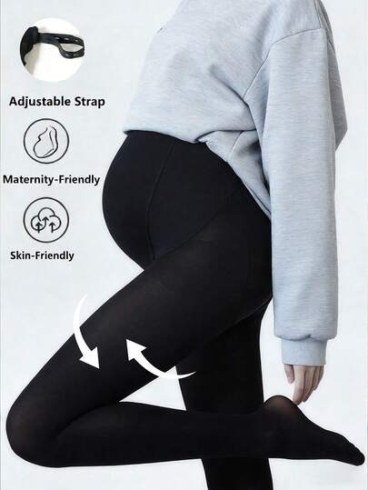1PC Maternity Black High Waist Tights Adjustable Belly Support Medium Thick Cottony Spring Autumn Elastic Slim Stirrup Pantyhose (15-25℃)