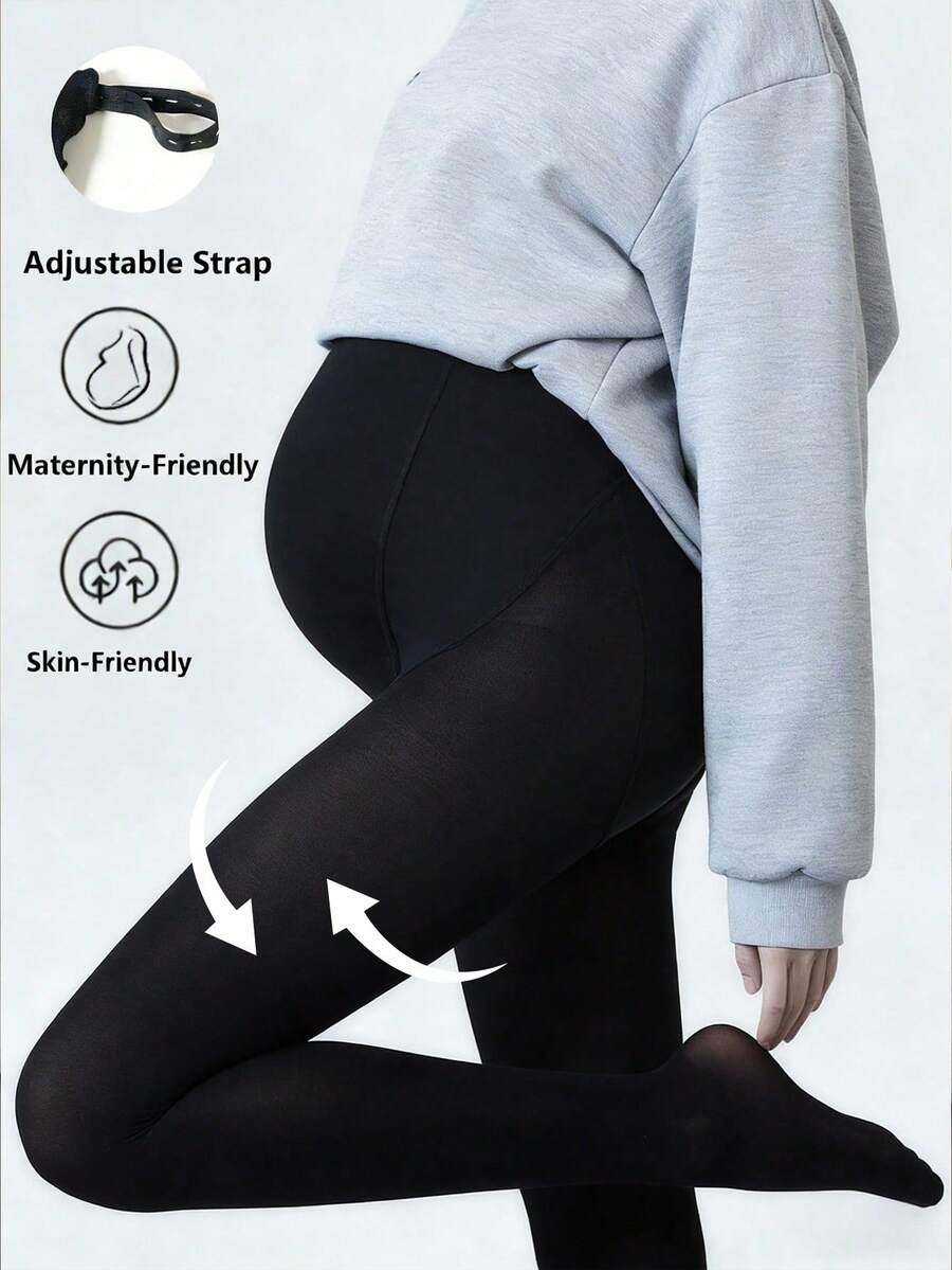 1件孕妇黑色高腰紧身裤，可调节腹部支撑，中等厚度棉质，春秋季弹力修身踩脚裤袜（15-25℃） - 彩色 - 查看 1