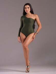 J.A.B.I Modas Women's Long Sleeve One Shoulder Bodysuit - 軍綠色 - 查看 4