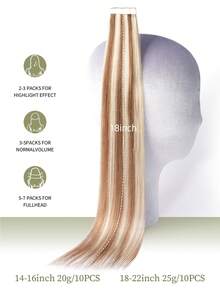DNE HAIR 10件組 100% 真人髮 無縫隱形接髮片，14-22英吋長，#P6/613 淺棕色挑染金髮 直髮，絲滑無縫，頂級品質，髮尾厚實，適合細髮，適合女性日常使用與美髮沙龍 - S6/613 - 查看 4