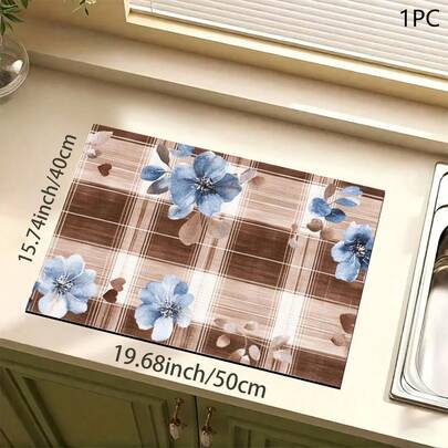 1 pieza Felpudo absorbente/Felpudo de secado con estampado floral para cafetera, vajilla - Felpudo protector de escritorio absorbente de poliéster con almohadilla antideslizante de goma, para decoración de la encimera de la cocina, bar en casa y mesa de comedor