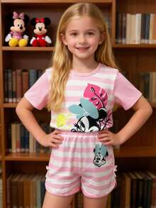 Disney 2pcs/Set Girls Elegant Minnie Mouse Striped Cartoon Print Short Sleeve T-Shirt And Sports Shorts, Cute Versatile Comfortable Girls Outfit, Suitable For Daily Casual, Outing, Vacation, Beach, Party, Birthday, Gift - Pink - View 2