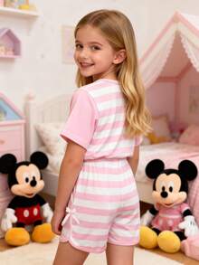 Disney 2pcs/Set Girls Elegant Minnie Mouse Striped Cartoon Print Short Sleeve T-Shirt And Sports Shorts, Cute Versatile Comfortable Girls Outfit, Suitable For Daily Casual, Outing, Vacation, Beach, Party, Birthday, Gift - Pink - View 3