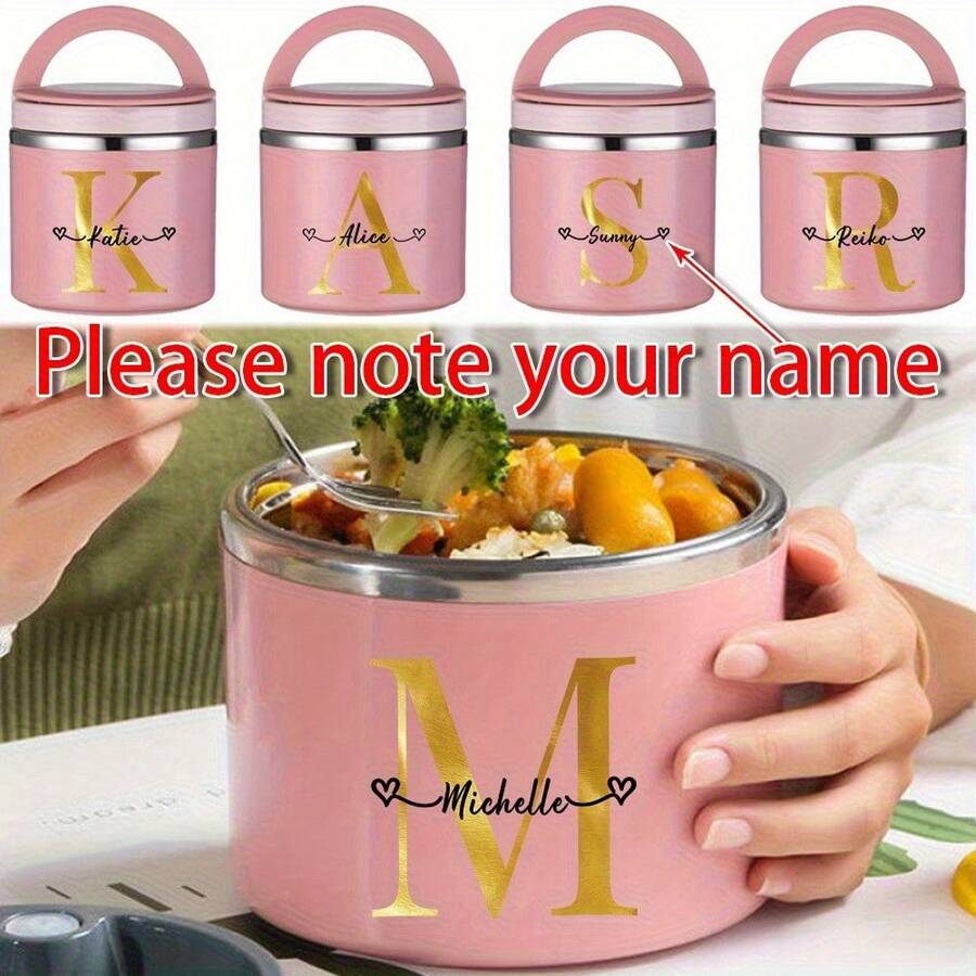 Stainless Steel Personalized Custom Name 21.3oz Insulated Lunch Box With Handle, Thermal Food Container, Portable Handheld Lunch Box, Suitable For Hot Soup And Meals, Reusable Round Breakfast Cup, Kitchen Storage Box, Hand Wash Only - B - Xem 1