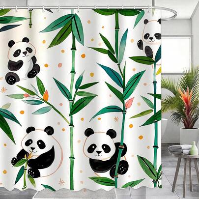 1pc Cute Panda Pattern Shower Curtain, Plant & Animal Graphic Curtain, Multipurpose Room Decor Partition Curtain, Bathroom Accessories Bathtub Curtain