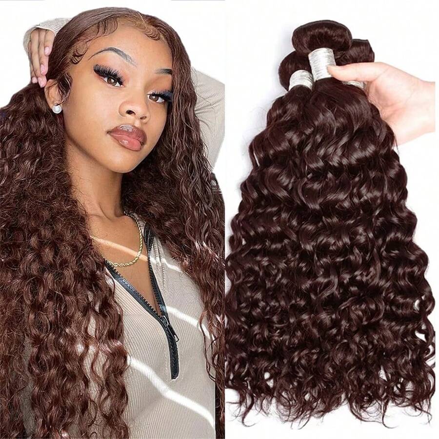 BINF Chocolate Brown Water Wave Bundles Human Hair Spring Flower Sea Check-In Color #4 Wet And Wavy Bundles Unprocessed Virgin Remy Brown Water Wave Bundle Mixed Length 1/3 Bundles Ocean Wave Bundle Early Spring Shopping Look Double Weft Hair Weave 100g - #4 Water Wave Bundles - 查看 1